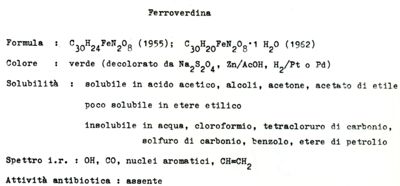 Tabella riguardante la formula, il colore, la solubilità, lo spettro i.r. e l'attività antibiotica della Ferroverdina