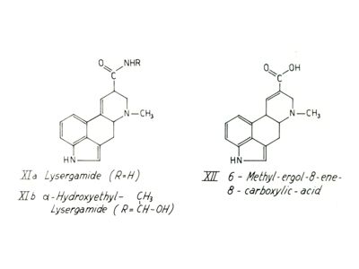 Studi farmacologici di prodotti naturali - Formule di struttura di Lysergamide, alfa-Hydroxetyl-Lysergamide e 6-Methyl-ergolene-8-carboxylic-acid