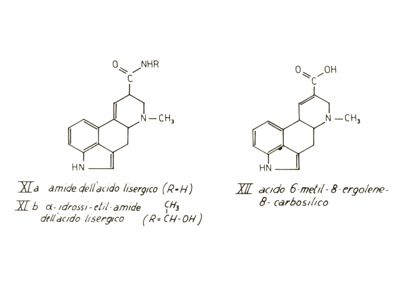 Studi farmacologici di prodotti naturali - Formule di struttura di amide dell'acido lisergico, alfa-idrossi-etil-amide dell'acido lisergico e acido 6-metil-8-ergolene-8-carbosilico