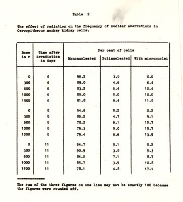 Tabelle sugli effetti della radiazione su cellule animali (rene della scimmia e rene del coniglio)