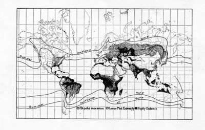 Livello di diffusione mondiale di una malattia non identificata (probabile diffusione di malaria) e "World Wide Status of Malaria Eradication"