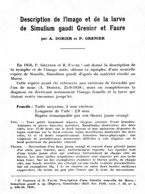 Riproduzione di testo con il seguente titolo: "Description de l'imago et de la larve de Simulium gaudi Grenier et Faure". Autori: A. Dorier et P. Grenier